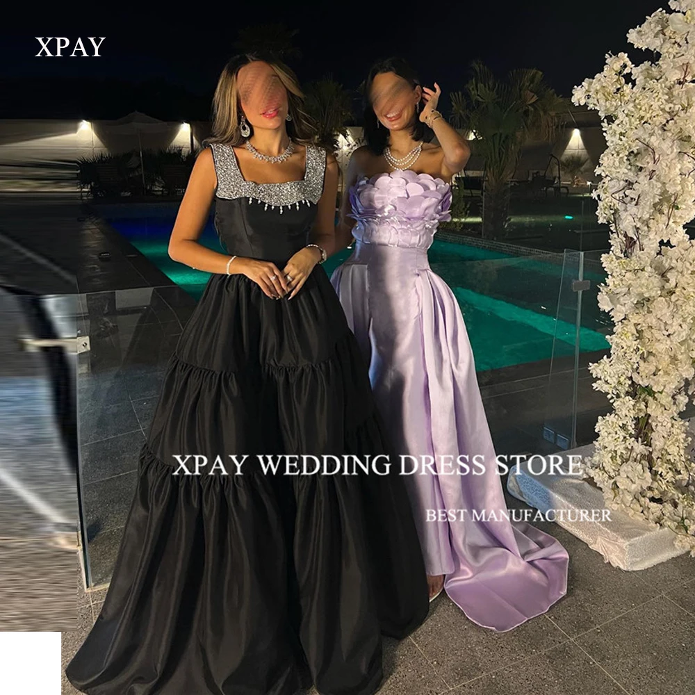 

XPAY Saudi Arabic Women Black Evening Dresses Shiny Beads Wide Straps Tiered Satin Prom Gowns Dubai Formal Party Dress 2024