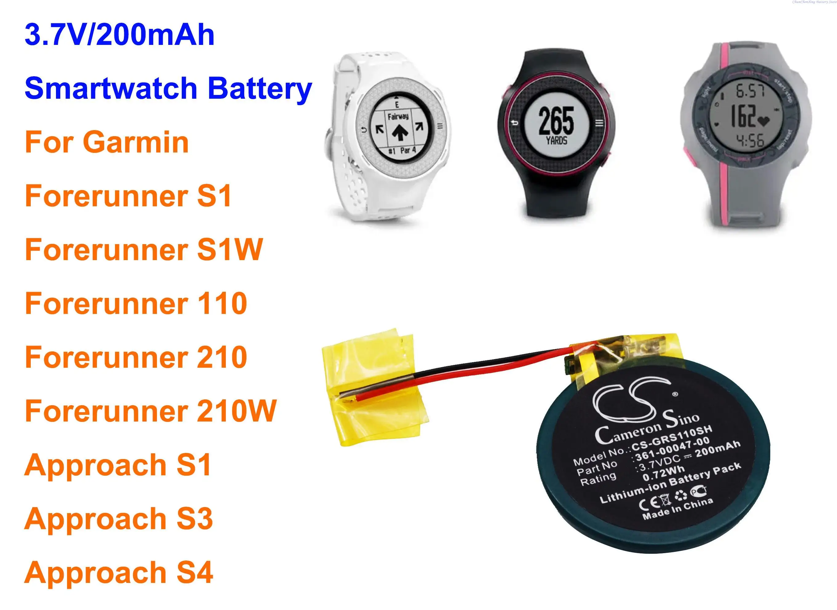 

Аккумуляторная батарея для смарт-часов OrangeYu 200 мА · ч для Garmin автомобильные часы S1, автомобильные часы S3, автомобильные часы S4, Forerunner 110 / 210, 210 Вт, S1, S1W
