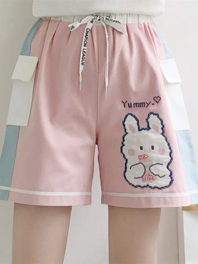 Rabbit Kawaii Y2K Pants Korean Style Cotton Trousers Women Embroidery High Waist Casual Girls Pink Shorts