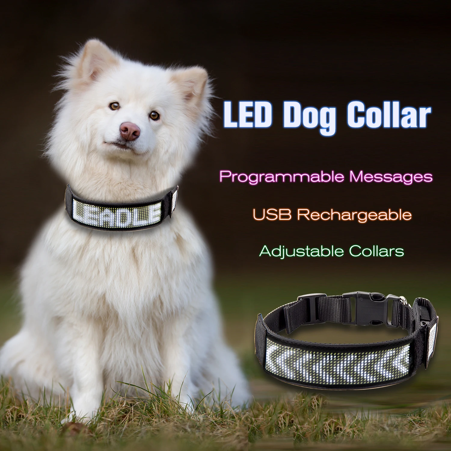 UNTSMART Led Dog Collar Programmable Bluetooth Scrolling Light lluminated Multi-Colored Personalized Text & Graphics-White