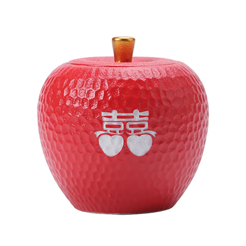Ceramic Red Apple Shape Storage Jar, Double Happiness, Sealed Candy Dish, Food, Tea, Chinese Traditional Red, Wedding Party Supp