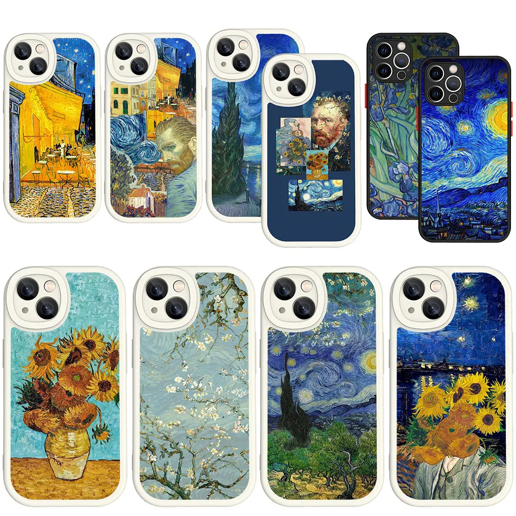 Starry Night Van Gogh Painting White Black Soft Phone Cover Per Apple Iphone 15 14 Plus 13 12 11 Pro Max + 14 + 15 + Casec