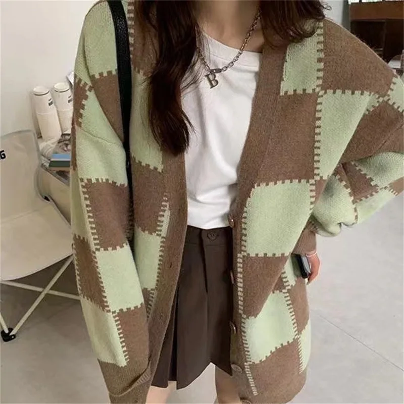 

Deeptown Vintage Lattice Green Sweater Cardigan Women Korean Preppy Style Oversize Button Jumper Harajuku Loose V-neck Knit Tops