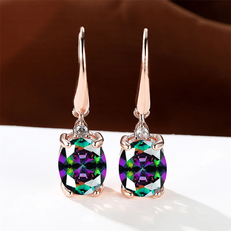 Female Crystal Green Red Oval Stone Zircon Earring Rose Gold Color Long Dangle Wedding Jewelry For Women
