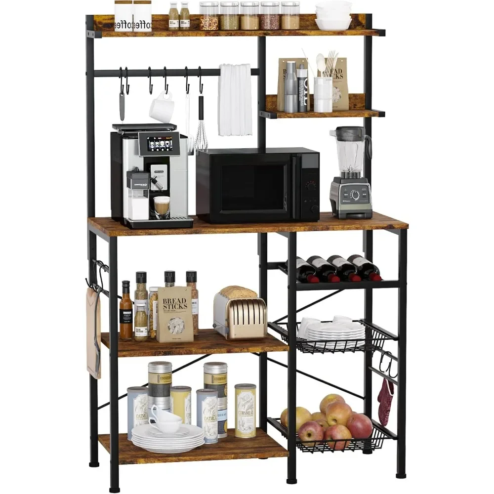 

Kitchen Baker’s Rack with 2 Pull Out Wire Baskets, Microwave Stand with Storage Shelf, 5-Tier Utility Station with 10 Hooks