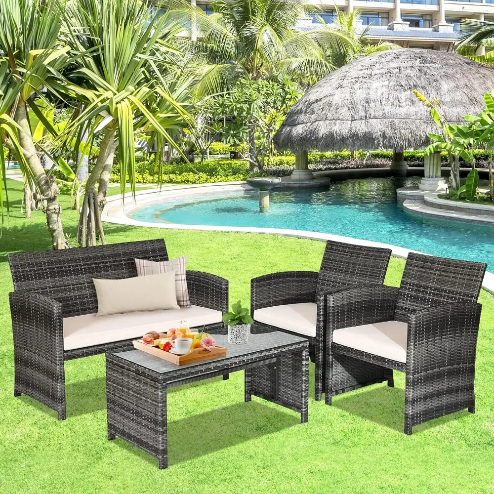 

4-Piece Rattan Patio Furniture Set Outdoor Wicker Conversation Sofa With Resistant Cushions and Tempered Tabletop for Sets