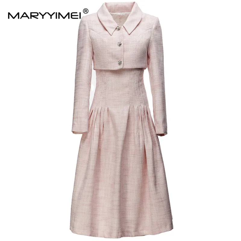 

MARYYIMEI Fashion Women's Long sleeved Short jacket top+Slim Spaghetti Strap skirt Commuter Elegant Woven tweed Two Pieces Set