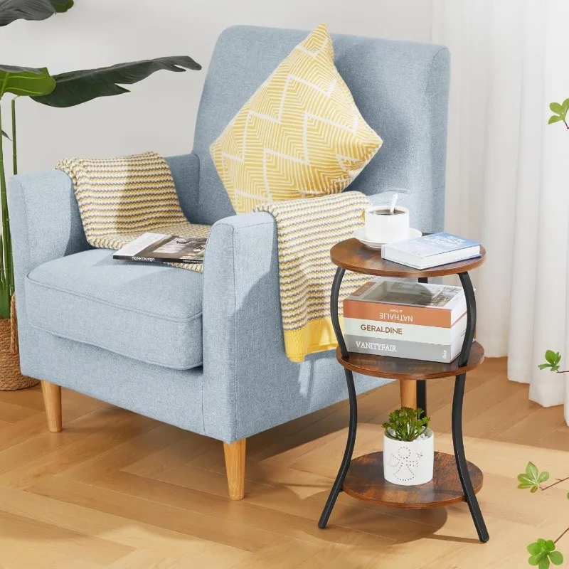 Small Round Side Table, 3-Tier Slim Waist Circular End Table with Storage Shelf, Compact Tea Sofa Table, 4