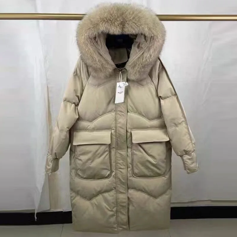 Down Jacket Women Long Knee Length Large Fox Collar Winter New Loose and Thick White Duck Down Hooded Jacket