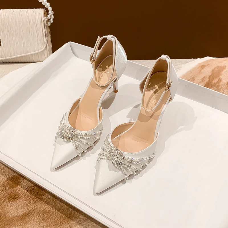 

White Satin Wedding Shoes Women New Ankle Strap Bridesmaid French Party Pumps Pearl String Flower Stiletto High Heels Sandals