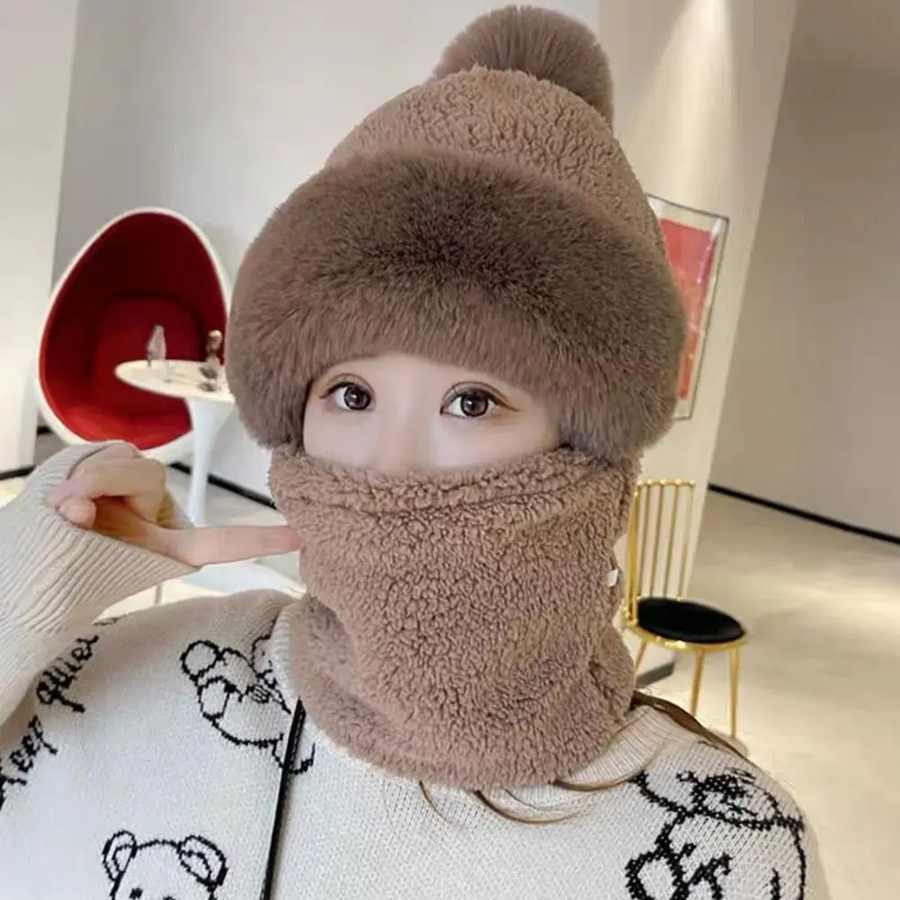 Winter Hats for Women 2024 New Autumn and Winter Collar Scarf Mask One Thick Warm Ear Protection Windproof Hooded Solid Color 6