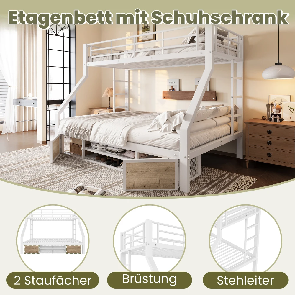 Multifunktionales Etagenbett 90 x 200/140 x 200 cm – integrierter Schuhschrank und Aufbewahrungsfächer, Sicherheitstüren + Leiter, ohne Matratze – Detail 3