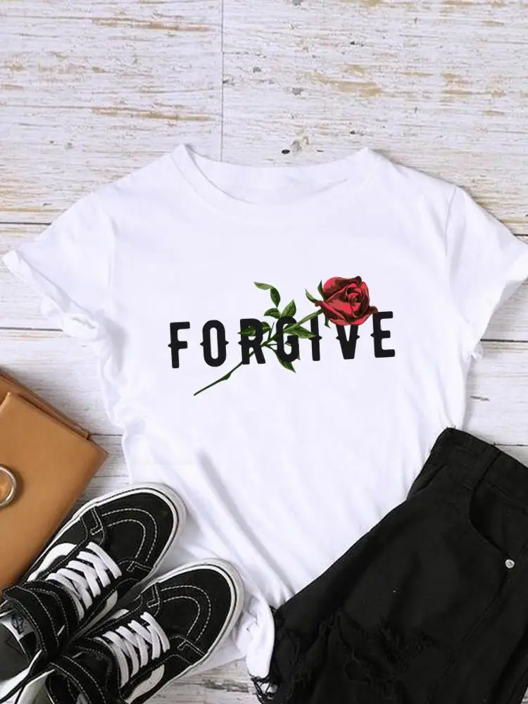 

Flower Letter Trend 90s Lady Female Short Sleeve Print Fashion Women Shirt O-neck Tee Top Clothing Clothes Graphic T-shirt