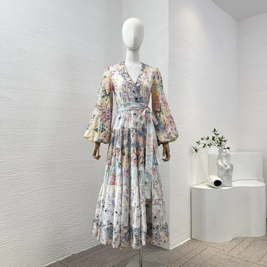 

Top Quality 2024 Cotton Floral Print Summer Vintage Long Lantern Sleeve Patchwork Self Bow Tie Wrap Women Midi Dress for Holiday