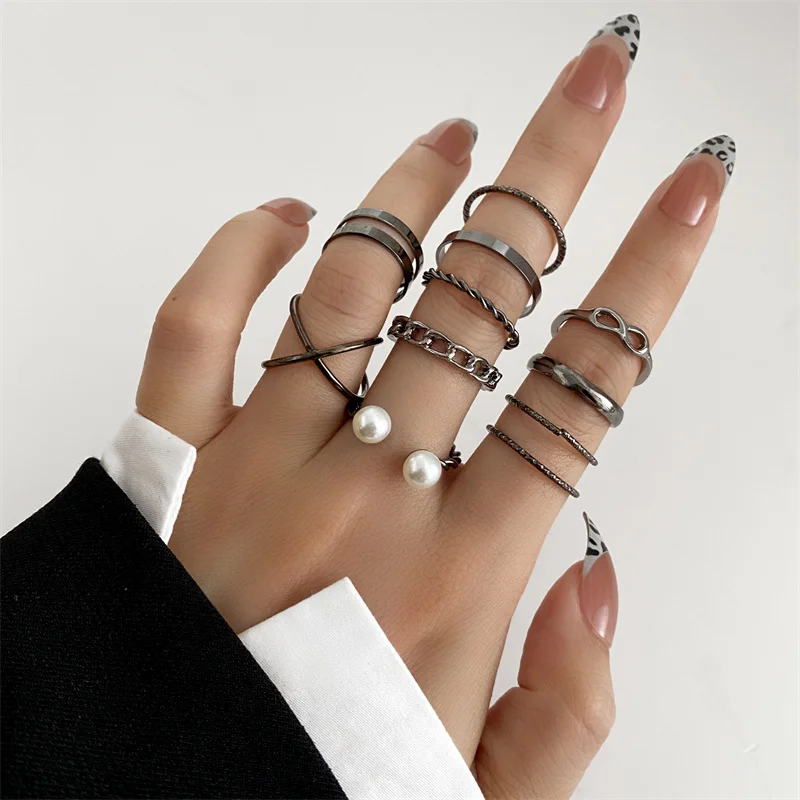 Punk Black Ring Set Snake Butterfly Heart Vintage Irregular Simplicity Finger Jewelry For Women 2024 New Trendy Gifts for Girl