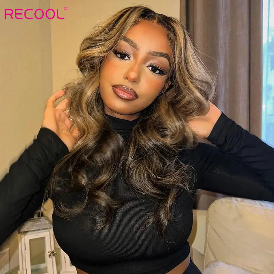 Recool Face-Framing Curtain Bangs Highlight Body Wave Wig Pre Plucked&Bleached 6&times;5 Glueless HD Lace Closure Wig Human Hair