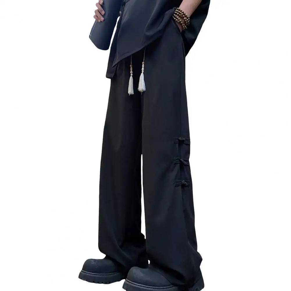Description Picture 3 of itemChinese-style Strap Trousers Chinese Style Men's Tassel Knot Drawstring Pants with Wide Leg Elastic Waist Retro Inspired Solid