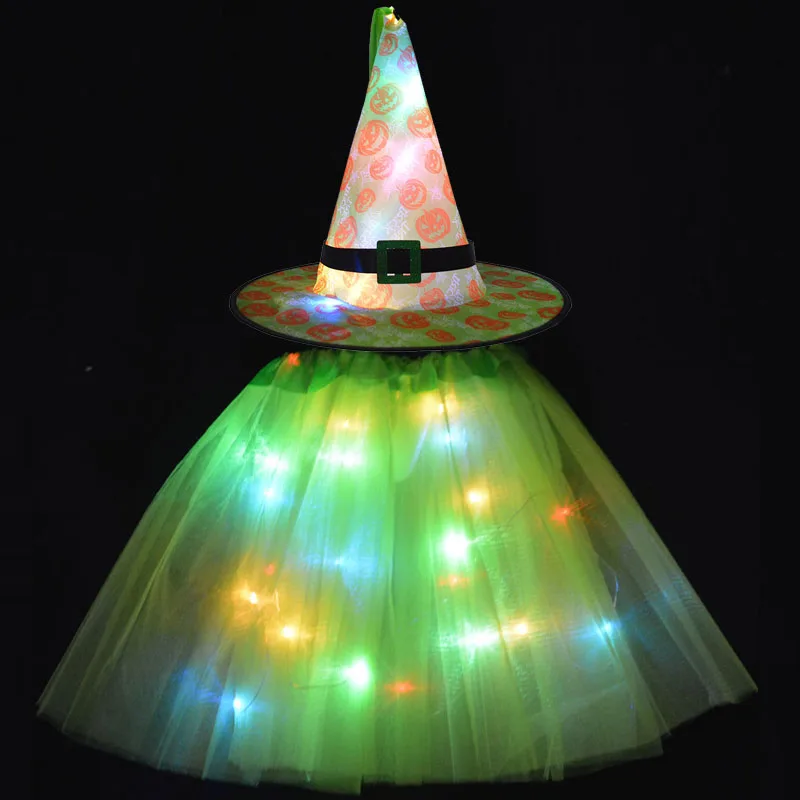 

Женская, девочка, Детская шляпа ведьмы с юбкой, нарядное платье, гирлянда, Режимы освещения, костюм, Рождественское украшение