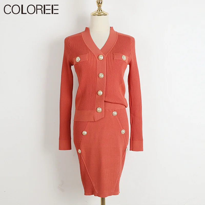 

Autumn Winter Knitted Two Piece Women Sets 2023 Luxury Gold Button V-neck Knitted Cardigan+mini Skirt Set Outfits
