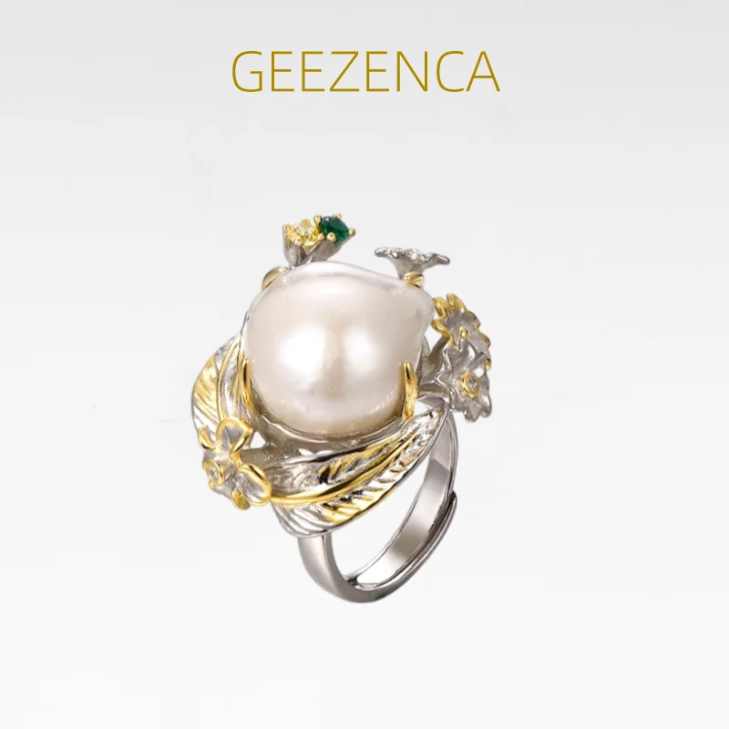 

GEEZENCA Natural Baroque Pearl S925 Silver Two Tone Flower Rings For Women Luxury Exaggerated Big Cocktail Ring 2023 New Gift