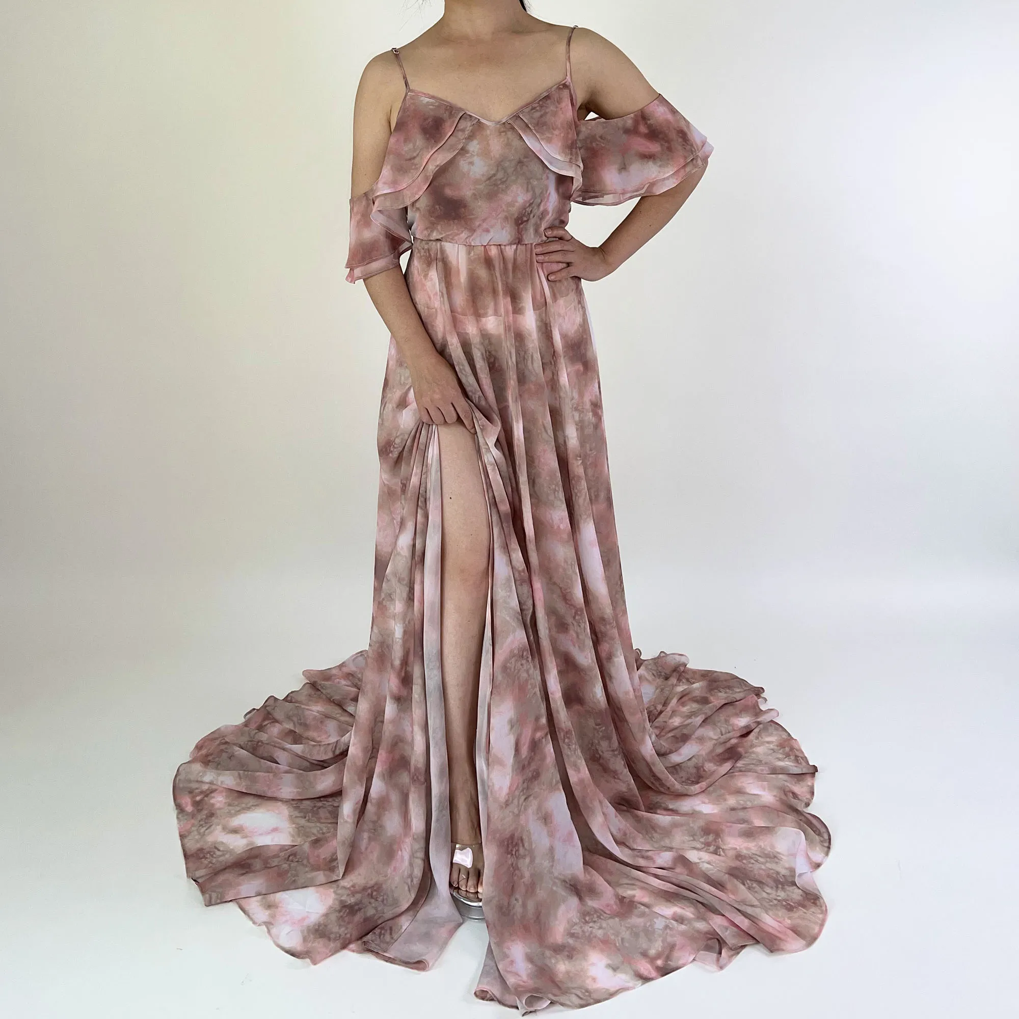 

Don&Judy Elegant Wedding Dresses Bride Maternity Photo Shoot Chiffon Tie Dye Side Slit Ruffle Party Evening Gown Pregnant Women