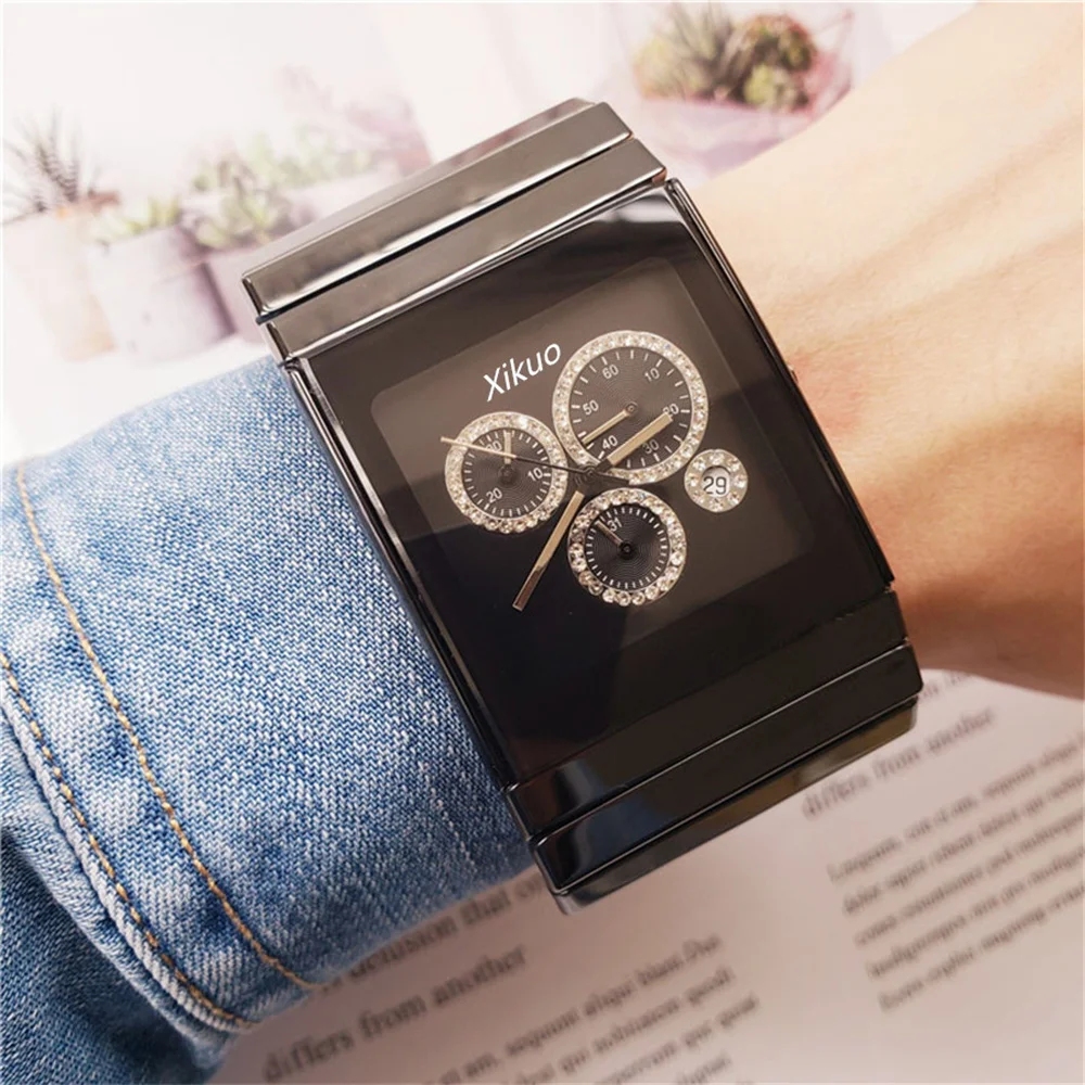 

XIKUO 2022 AAA Fashion Black Ceramic Watch Square Quartz Anti-Scratch Waterproof Wristwatch with Calendar Rectangle