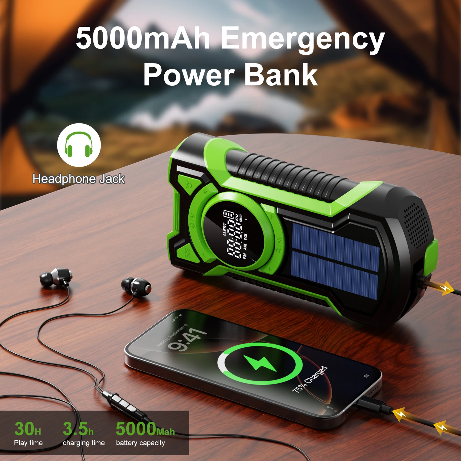 รูปสินค้า วิทยุฉุกเฉินพลังงานแสงอาทิตย์ 5000mAh กันน้ำกันฝุ่น บลูทูธ 5.3