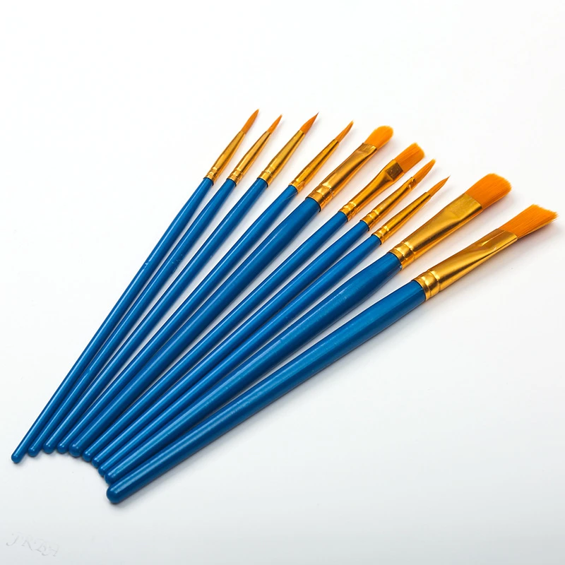 Painting Brushes Set of 10 Pearlescent Blue Wooden Pole Watercolor Brush Set Nylon Wool Brush Set Oil Set