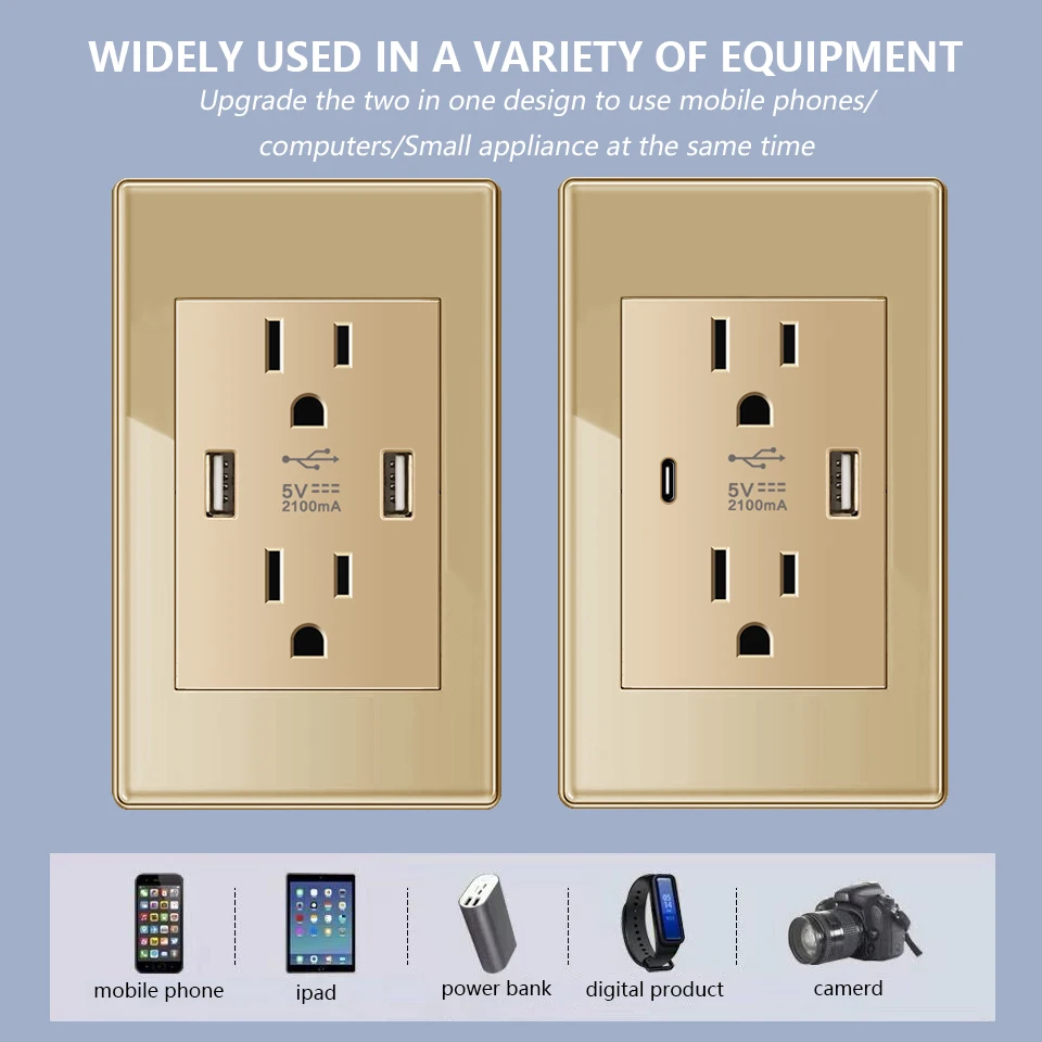 American Standard Dual Wall Usb Plug Socket,Household Mexico US Tempered Glass light Switch outlet Adapter Type-c Fast Charging