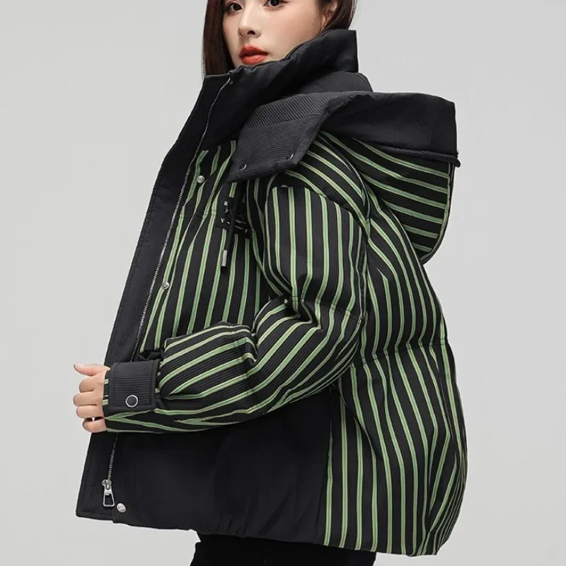 New Women White Duck Down Jacket Winter Coat Female Short Thickened Parkas Contrasting Colors Hooded Outwear Loose Warm Overcoat