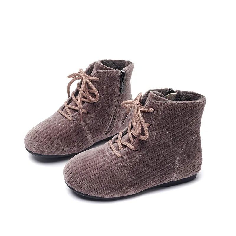 2022 New Winter Fashion Children's Ankle Boots Kids Corduroy Side Zip Lace Up Shoes Child Girls Solid Casual Plush Sneakers