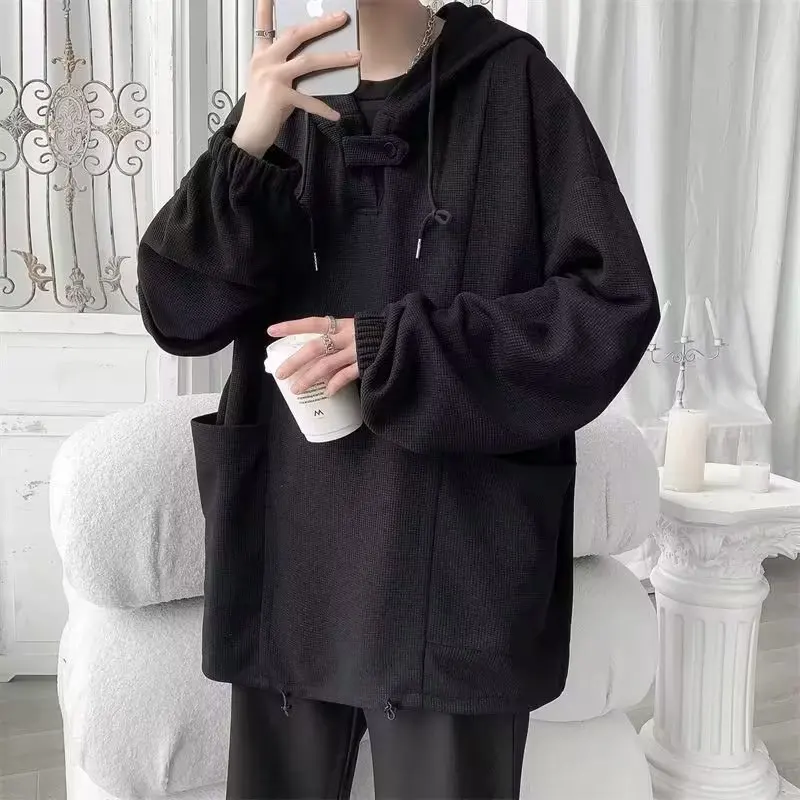 Waffle Hoodie Men's Pullover Casual Loose Lazy Hooded Youth Spring Autumn Sweatshirt Handsome Man Outerwear Pullovers Size M-5XL