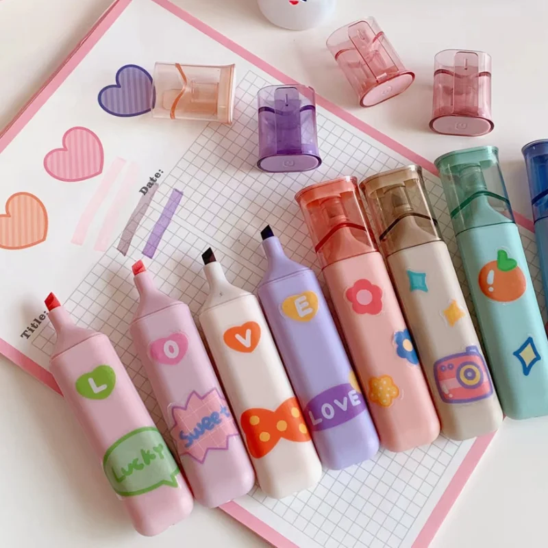 6Pcs/lot Kawaii Highlighter Pens Colored Markers for Girls Writing Graffiti  Cute Japanese Stationery Morandi Color Highlighters