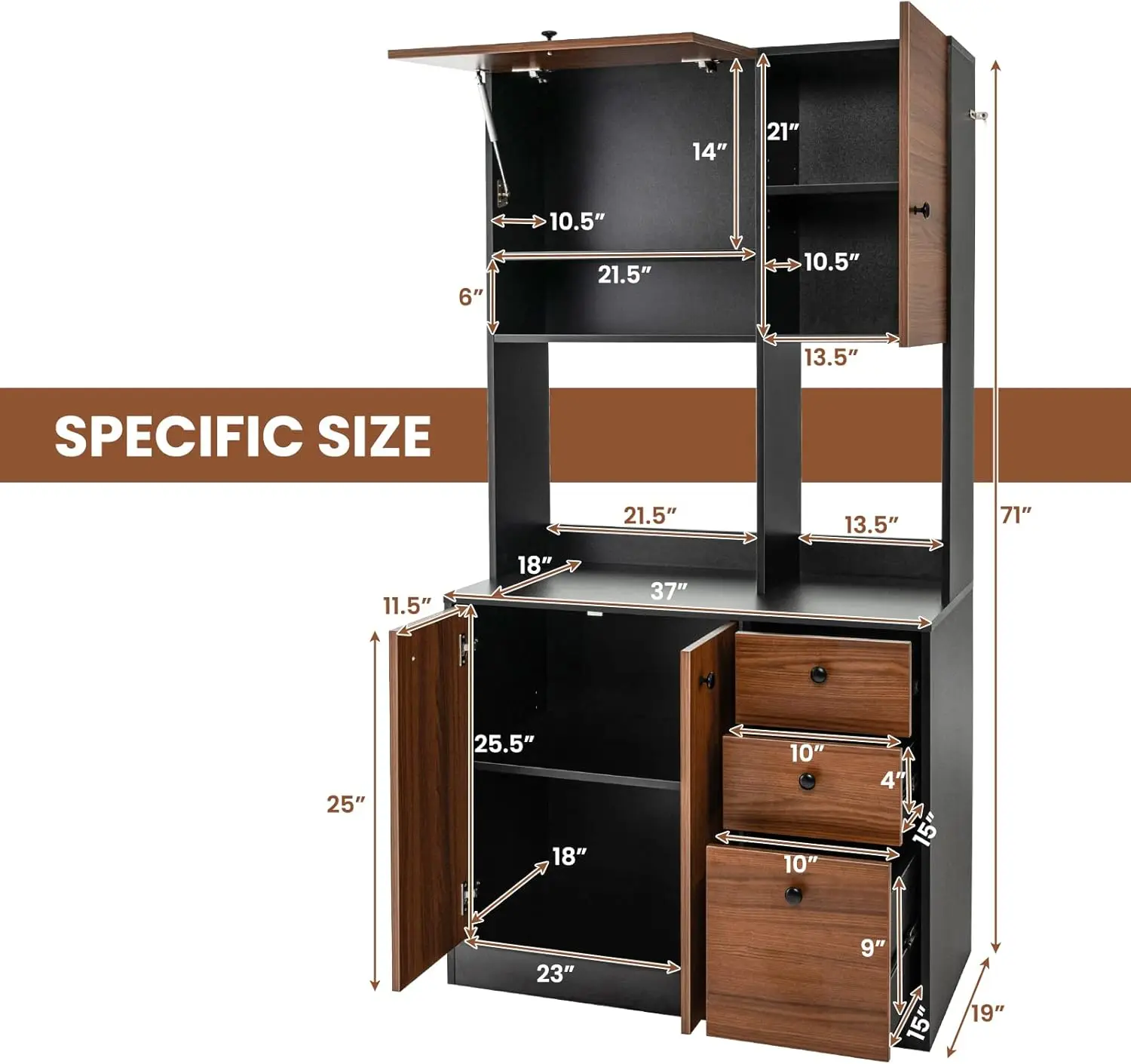 Kitchen Pantry Storage Cabinet Freestanding Buffet Hutch Doors Adjustable Shelves 3 Drawers Microwave LOKO 71&rdquo;