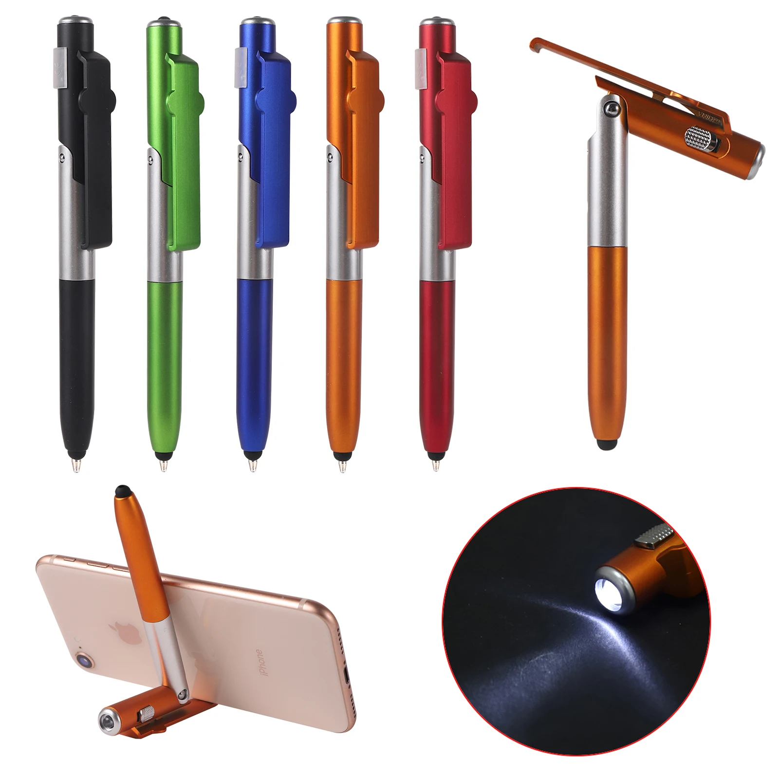 4-in-1 Foldable Ballpoint Pen Stylus Flashlight Cellphone Supporter Night Read Writing Pencil Office School Student Stationery