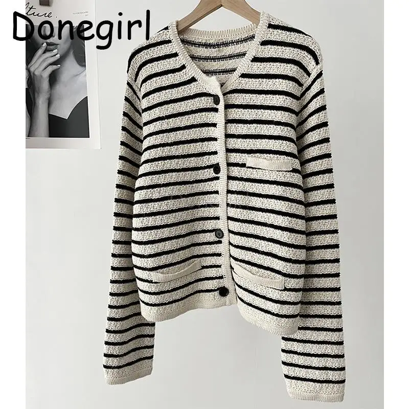 

Donegirl 2024 New Women Spring Autumn Striped Single-breasted Knitted Sweater Short Coat Versatile Casual Commute Cardigans Chic