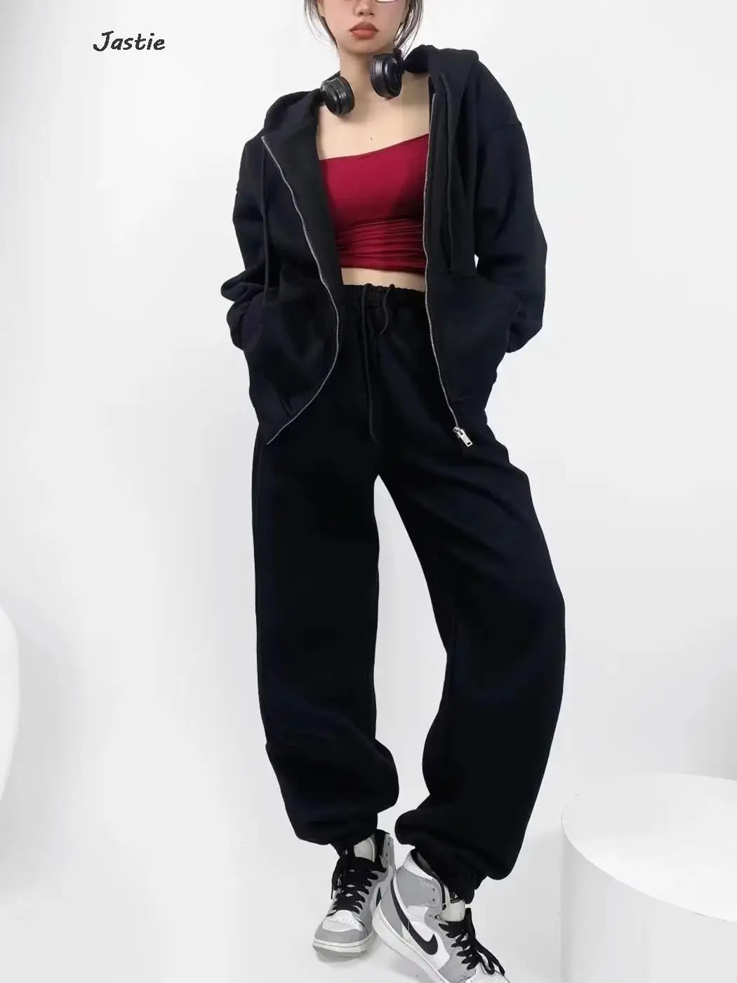 

Cotton 2023 Autumn Winter Fleece Sweatershirt Two Piece Set Loose Women Tracksuit Zip Up Hoodie+Elastic Waist Pant Sets Fashion