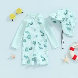 Toddler Whale Print Rash Guard Swimsuit with Sun Hat - 0-3 Months (Green)