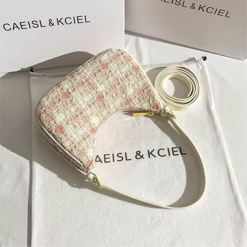 Sweet Pink Woven Crescent Underarm Bag Women Retro Color Block Shoulder Bags Ladies Elegant Fashion Casual Commute Handbag 2025