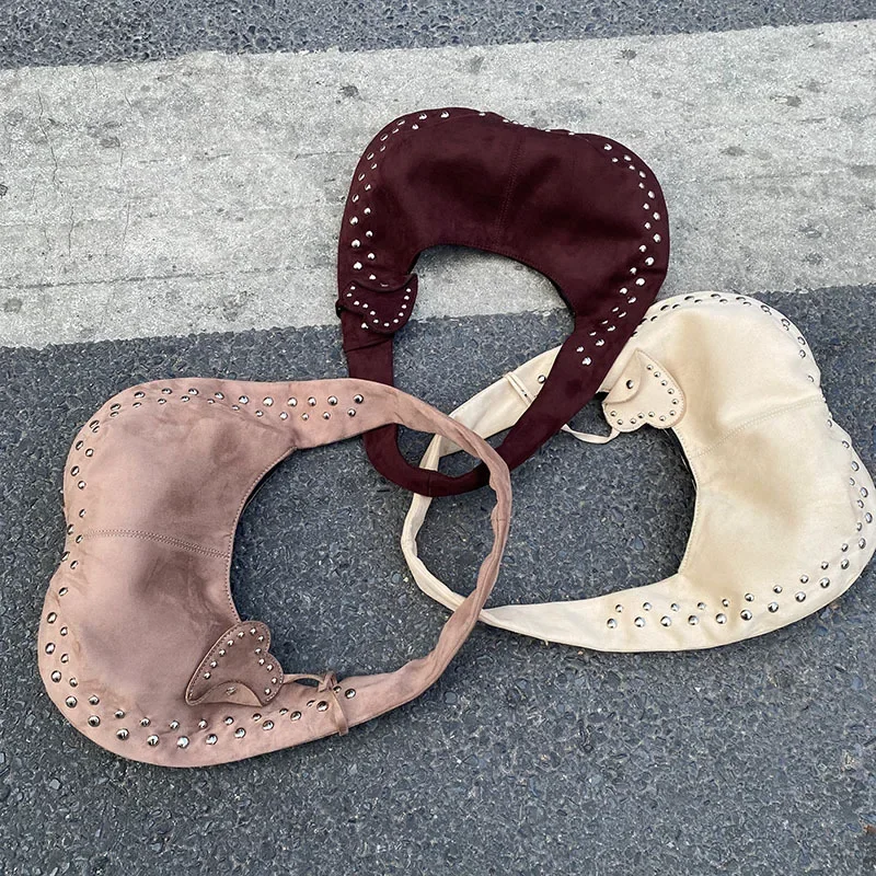 2025 new retro rivet decorative shoulder bag European and American motorcycle Nubuck leather armpit handbag for women