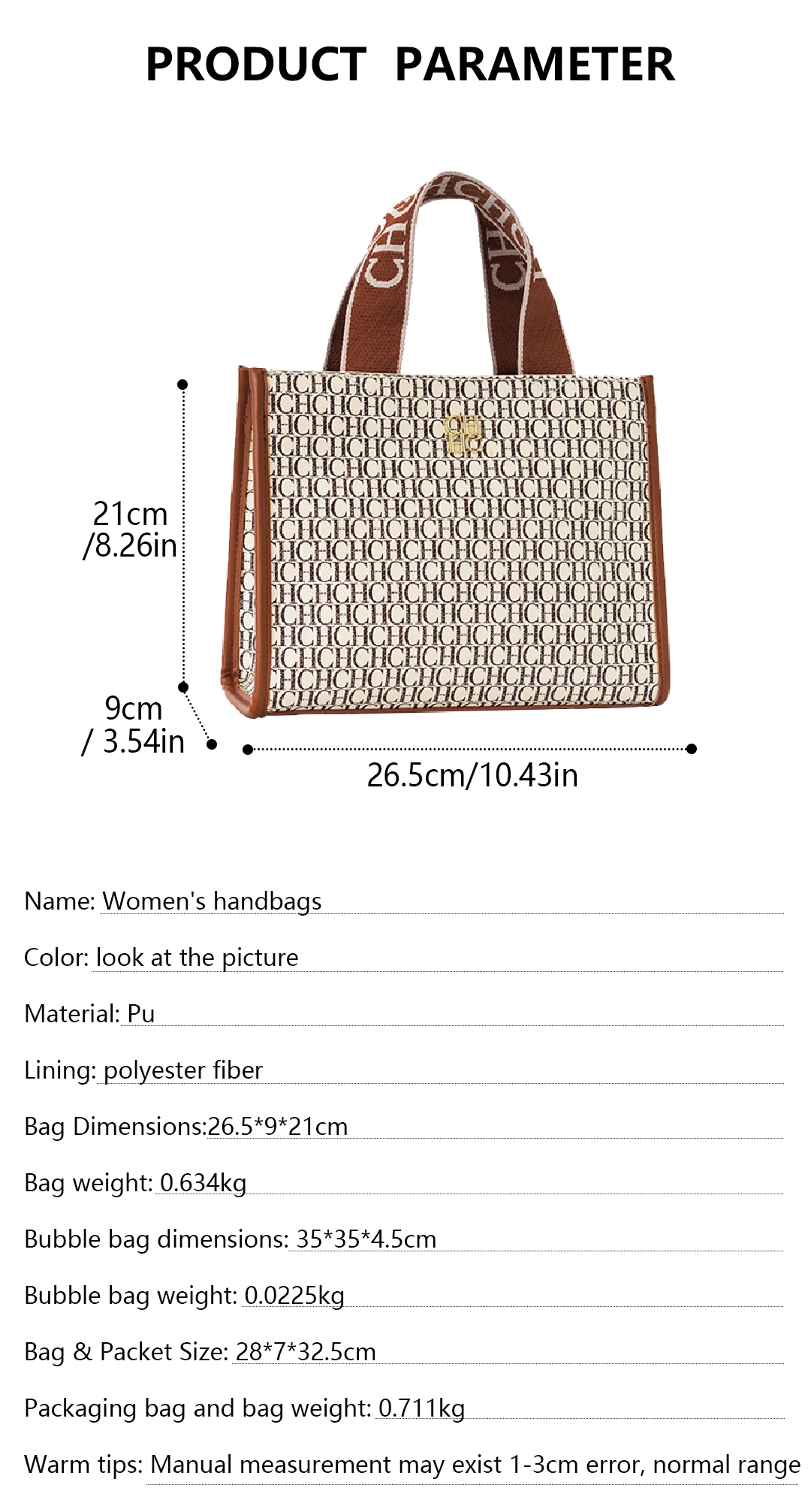 CH Monogramm Geprägte Tragetasche Damen Mode Lederhandtasche Große Umhängetasche für Arbeit & Reisen – Detail 2