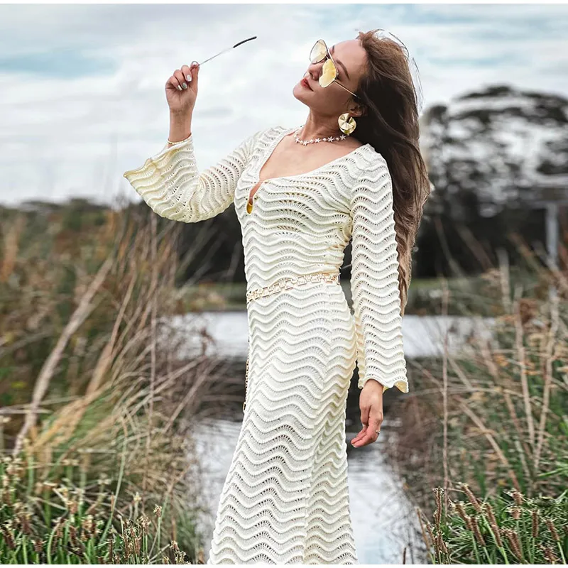 Beach Knit Hollow Out Maxi Dress Women Solid Flare Sleeve Lace-Up See-Through Holiday Dresses Female 2025 Summer Lady Slim Robes