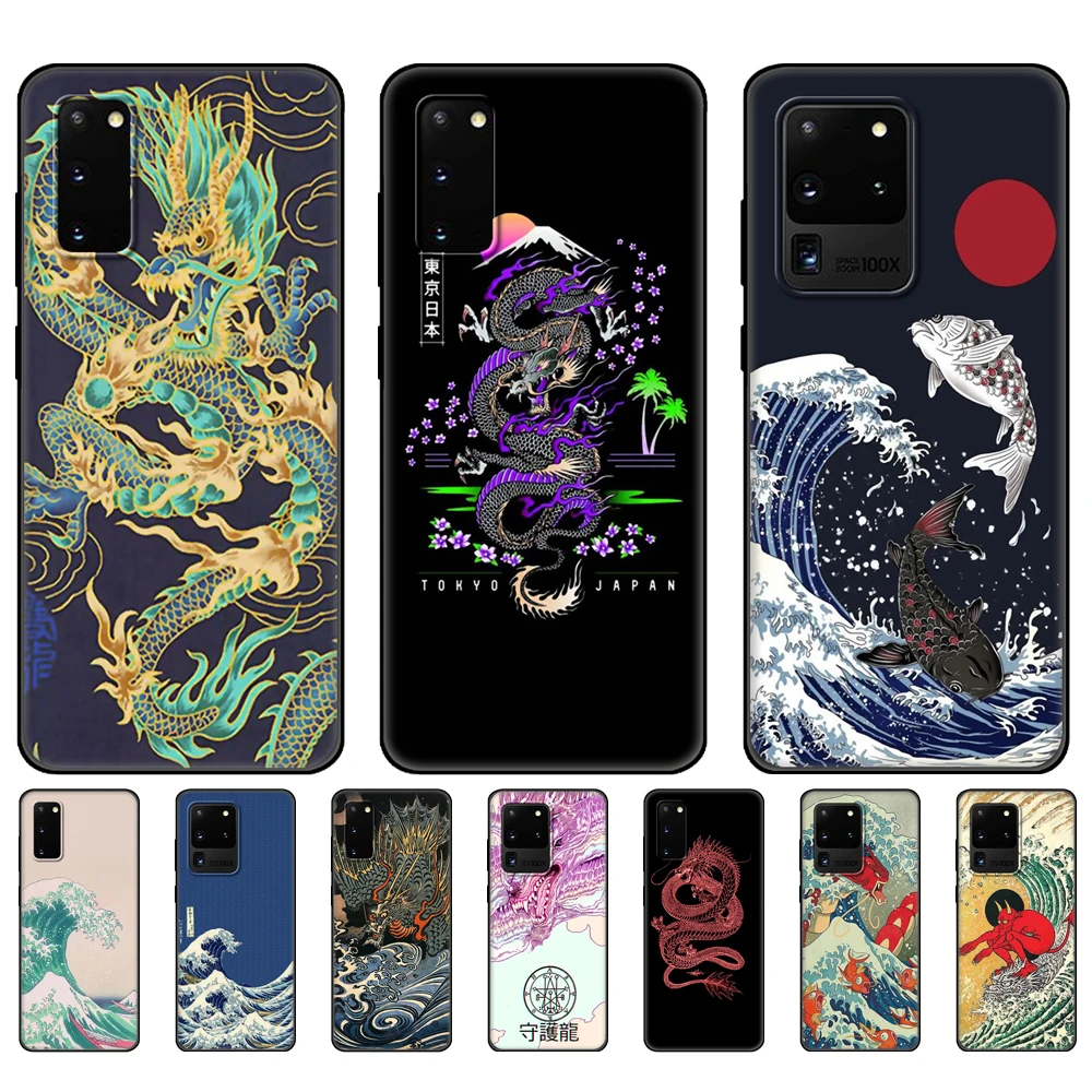 Custodia In Tpu Nero Per Samsung Galaxy S20 /S20 Plus/S20 Ultra/S20 + /S20Fe Cover Posteriore Japanese Wave Anime Dragon