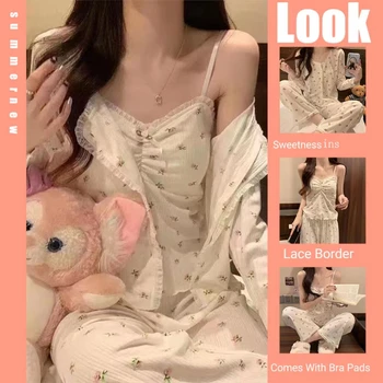 New Three-Piece Pajamas Female Long-Sleeved Sling Ladies Homewear Korean Version Of The Sweet Homewear Spring And Autumn Models