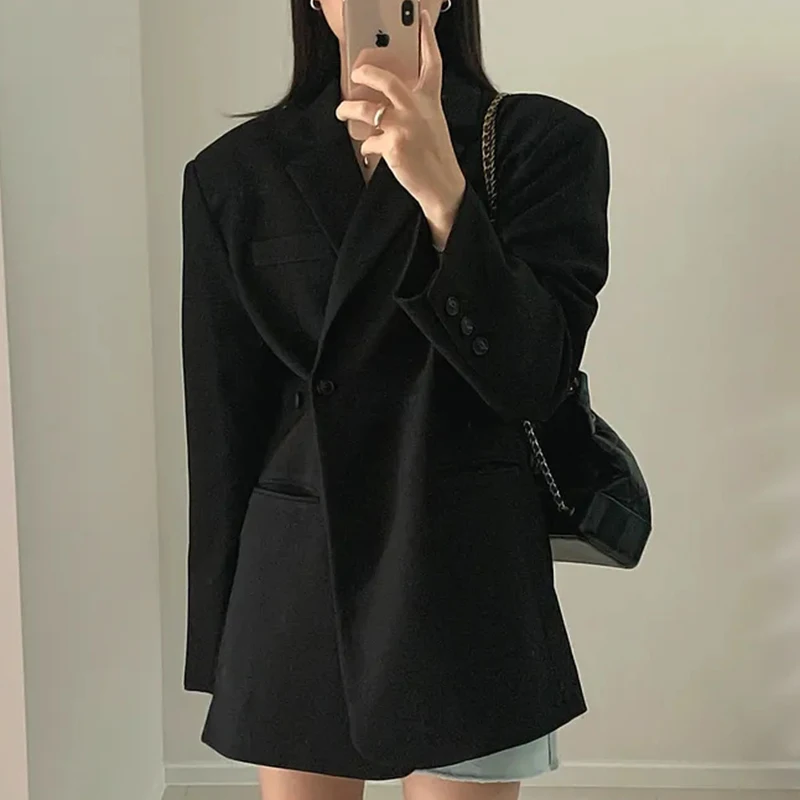 

SuperAen 2024 Korean Chic Winter Vintage Style Flip Collar Irregular One Button Design Loose Casual Versatile Blazer Coat