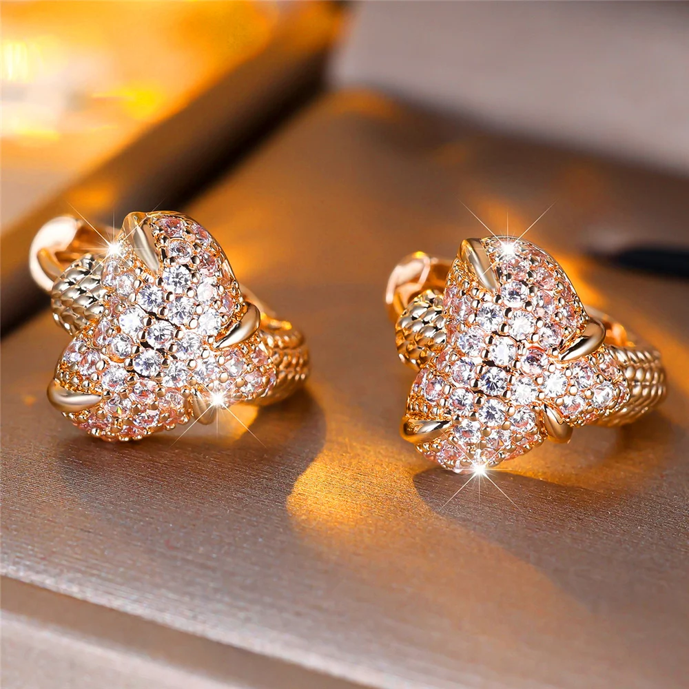 Luxury Crystal White Zircon Love Heart Hoop Earrings For Women Vintage Gold Color Wedding Jewelry