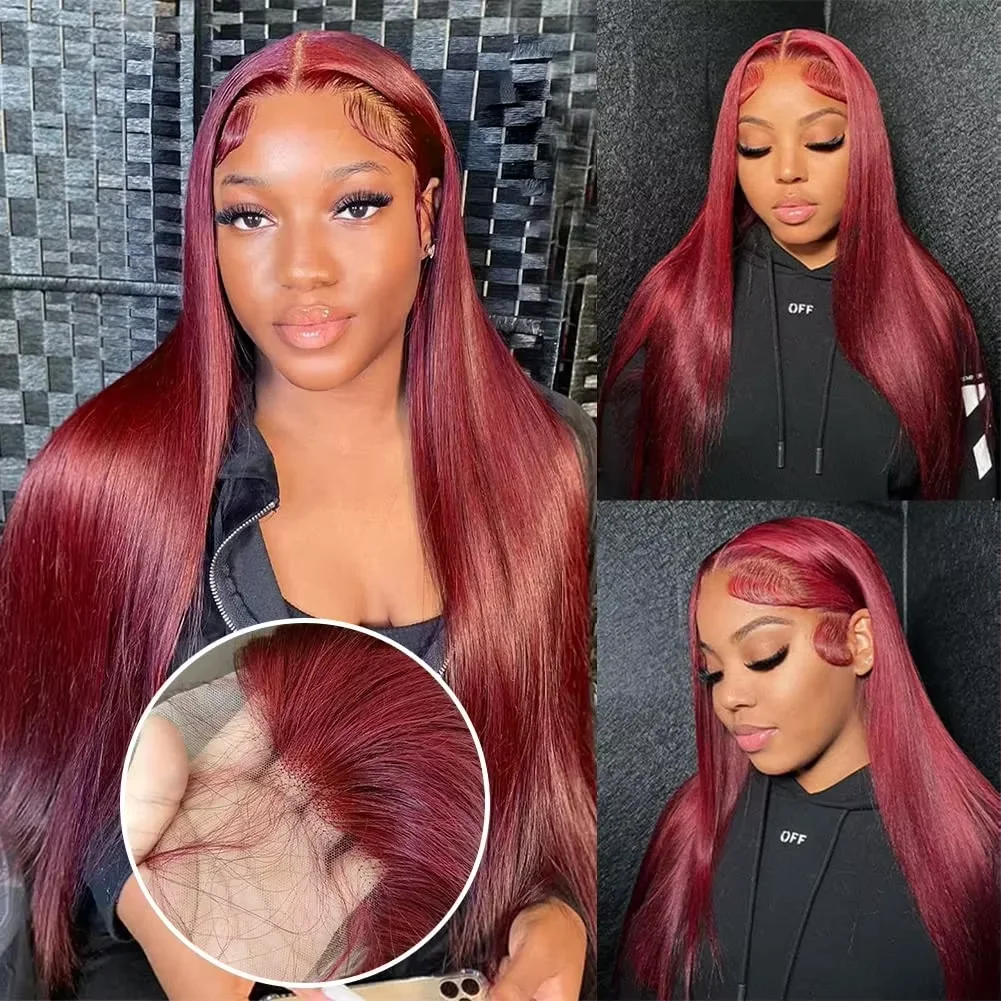 13x6 Red Straight HD Lace Front Wig Pre-Plucked Glueless Long Straight 99j Burgundy Synthetic Lace Front Wigs For Black Women 3
