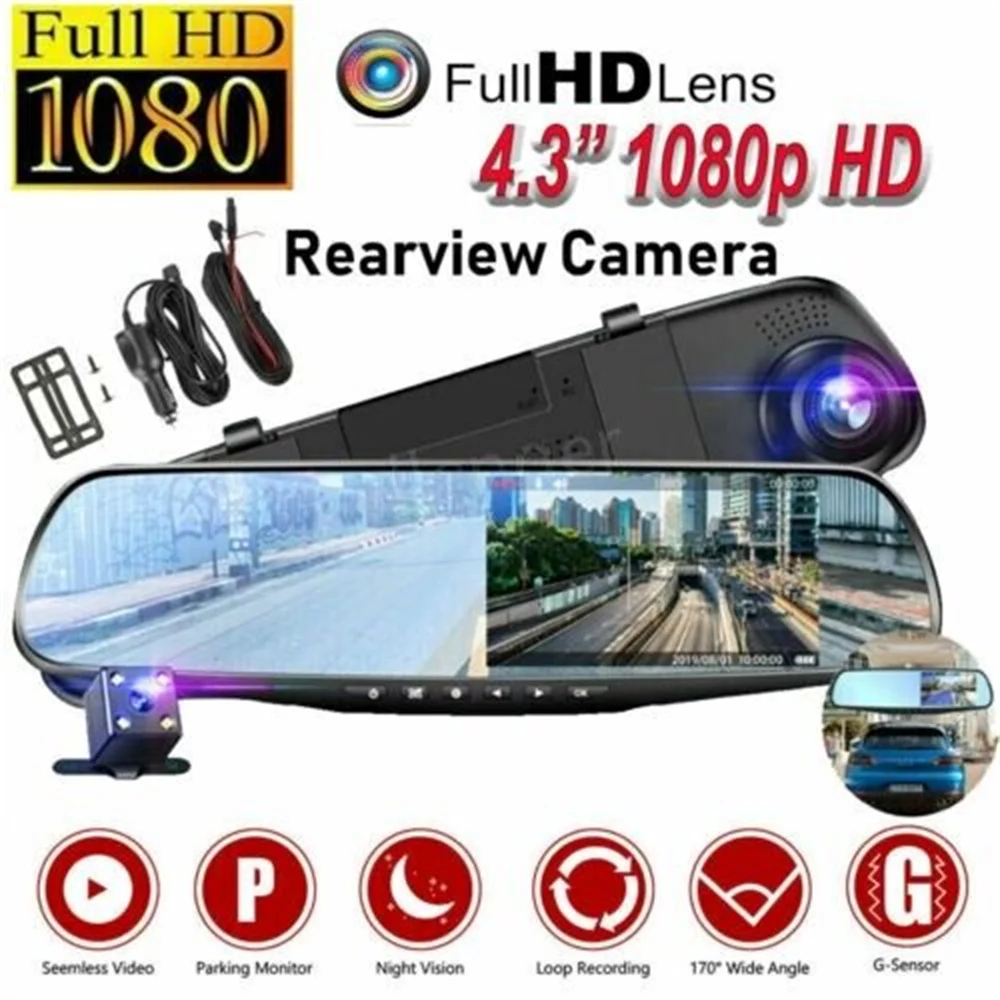 

1080P HD Rearview Mirror Car DVR Dual Dash Cam Camera Front Rear Video Recorder