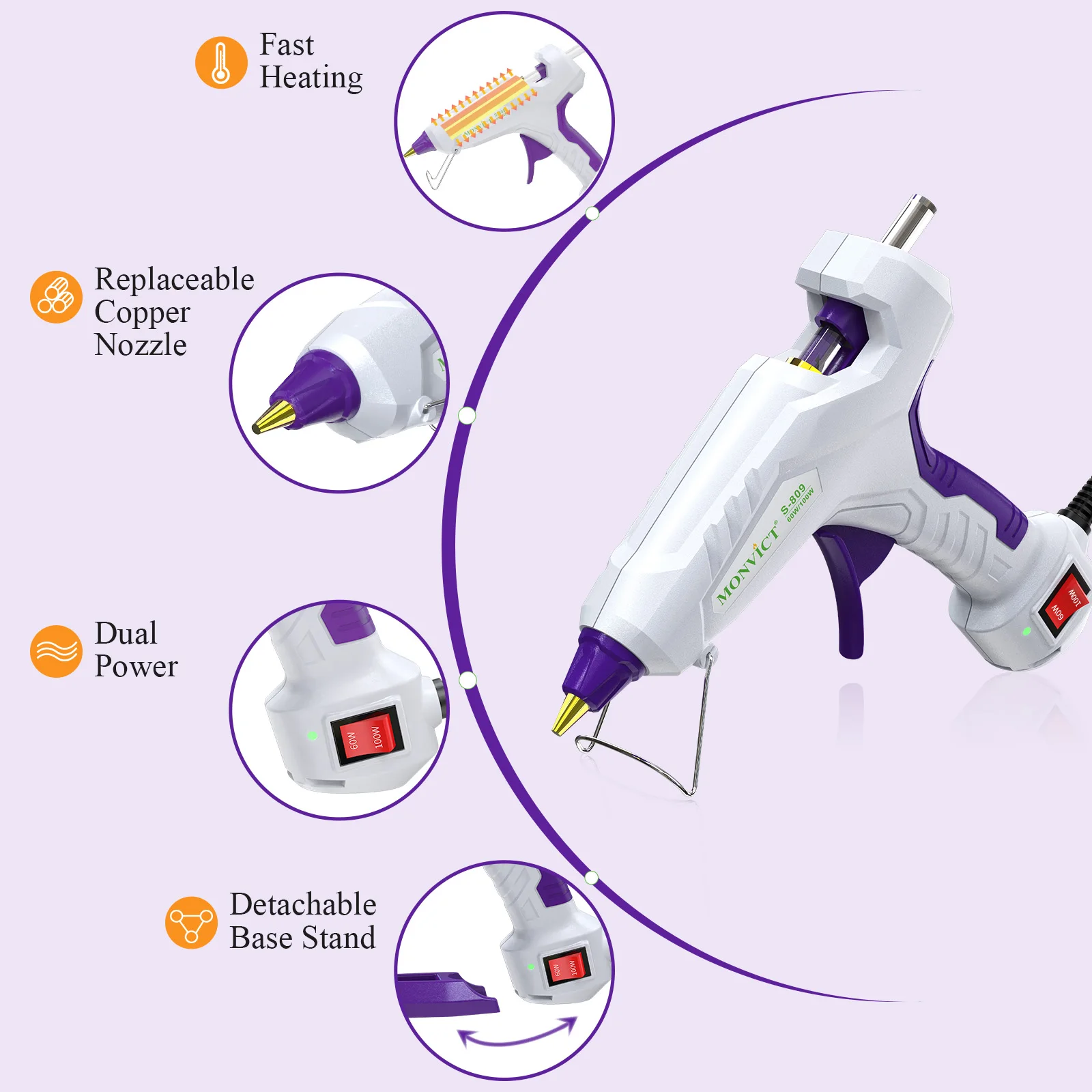 60/100W Hot Glue Gun Full Size Dual Power Glue Gun Base Stand Kit with 15 Pcs 11x150 mm Sticks and 3 Finger Protectors
