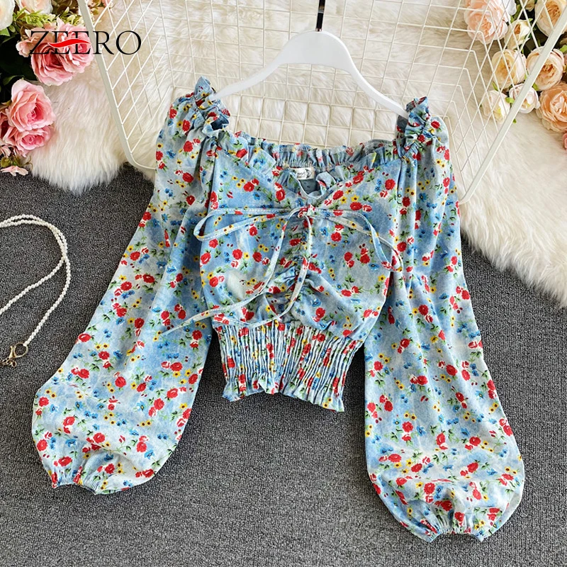 

Женская джинсовая рубашка, с оборками и рукавами-фонариками, V-образным вырезом, с принтом, эластичная, приталенная, винтажная, весна, пикантные Короткие топы